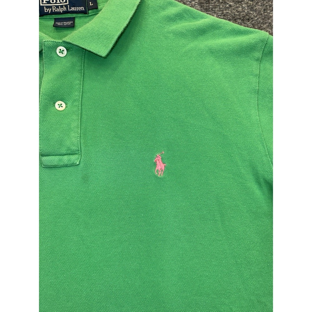 Vintage Polo Ralph Lauren Men's Large Green Pink Pony 100% Cotton Polo Shirt - Picture 2 of 8